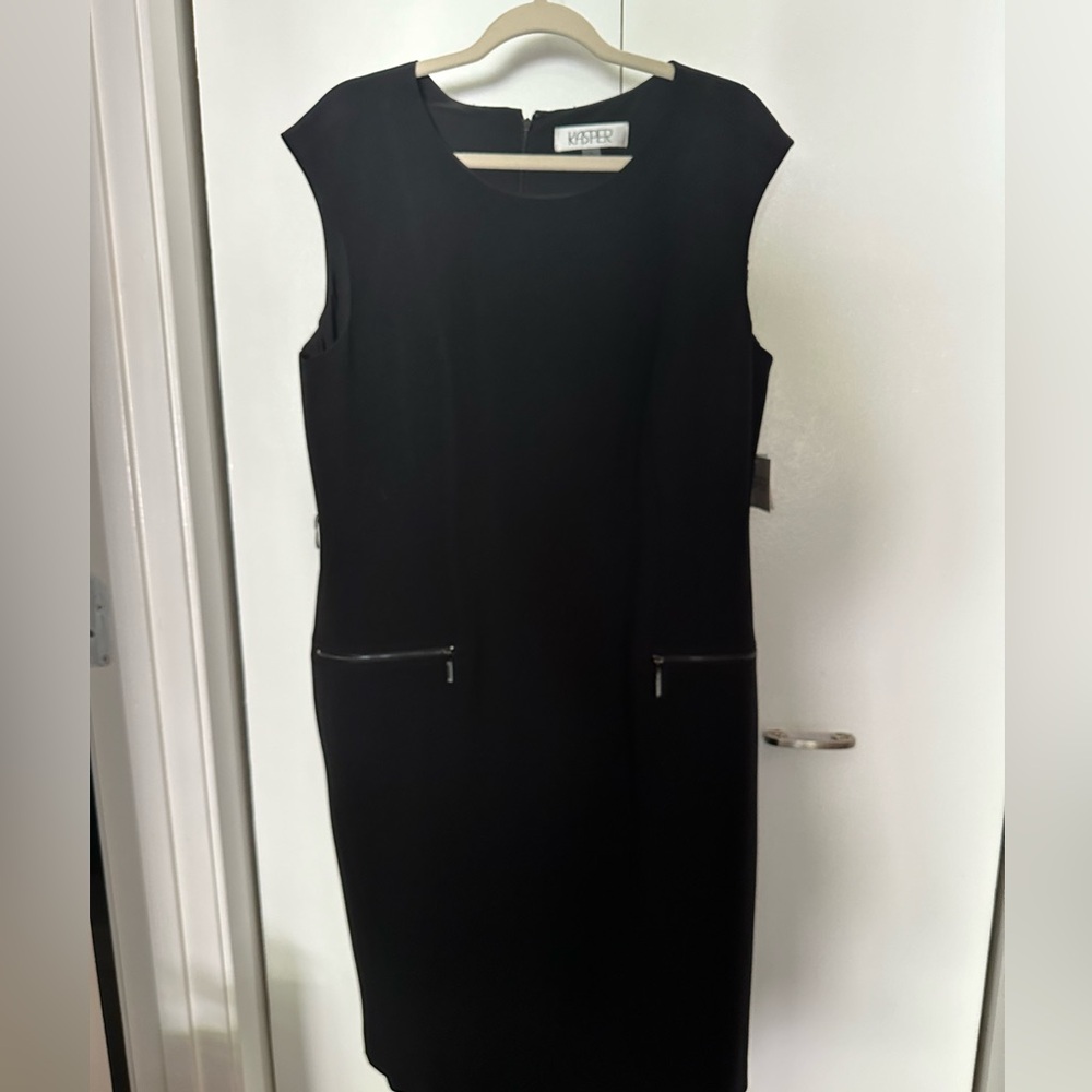 Versace knock off! Black sleeveless dress stretch with zip. pockets. Size 16.